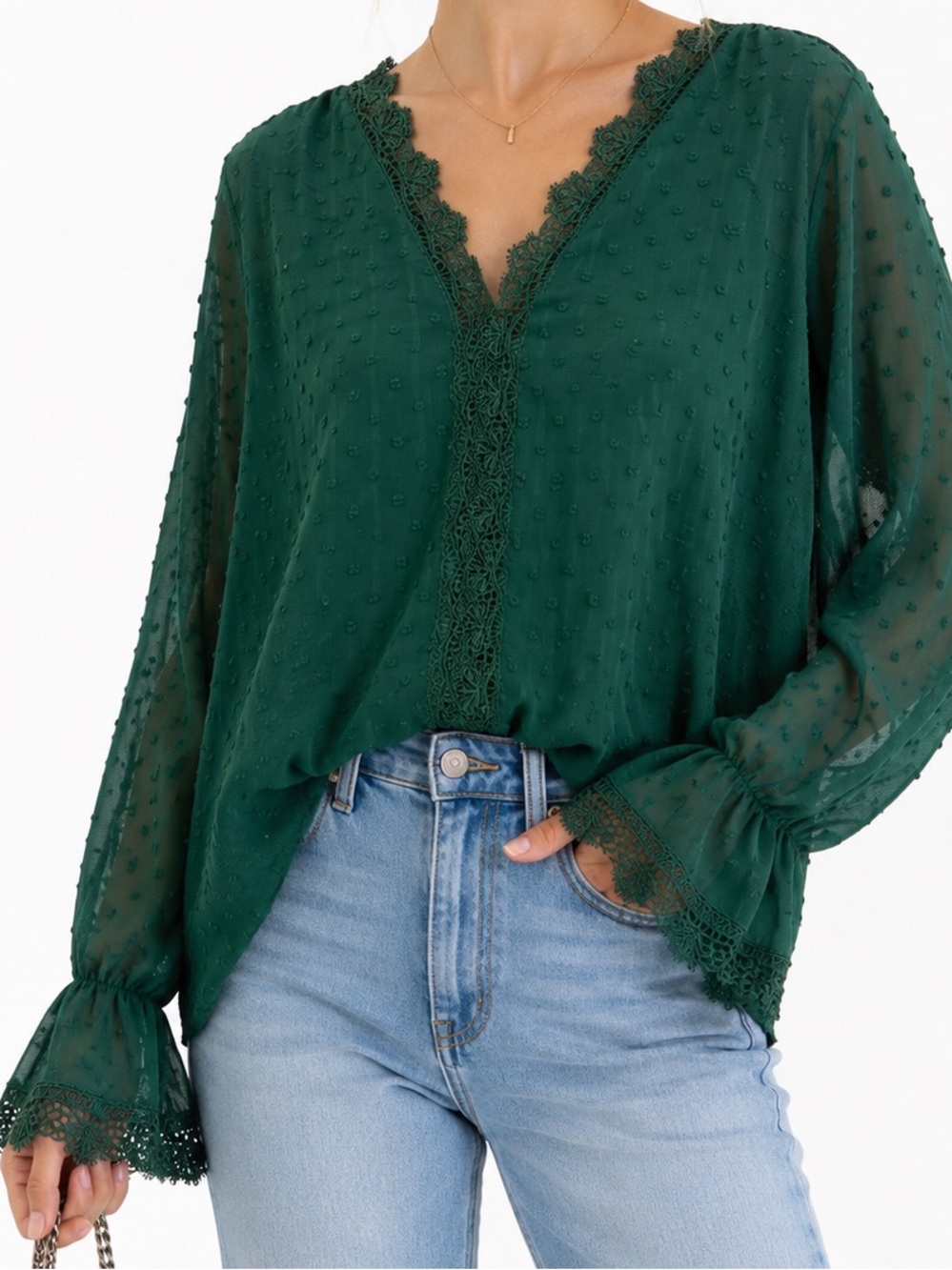 La Mode Emerald Green Swiss Dot Lace Trim Blouse Sheer Sleeve Boho Top Large